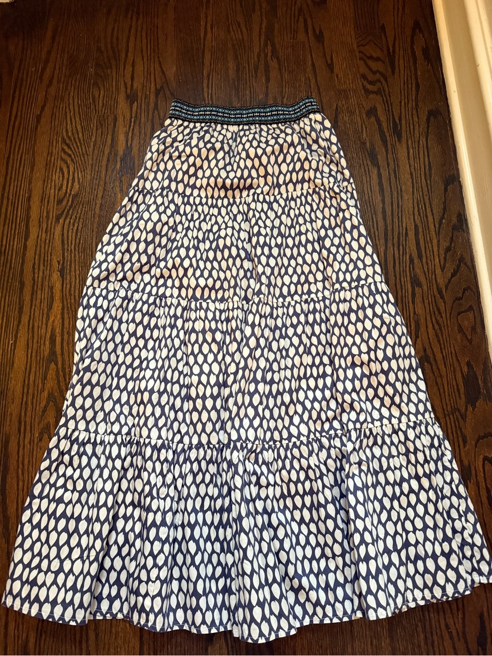 Boho Tiered Navy and White Maxi Skirt with Smocked Waistband